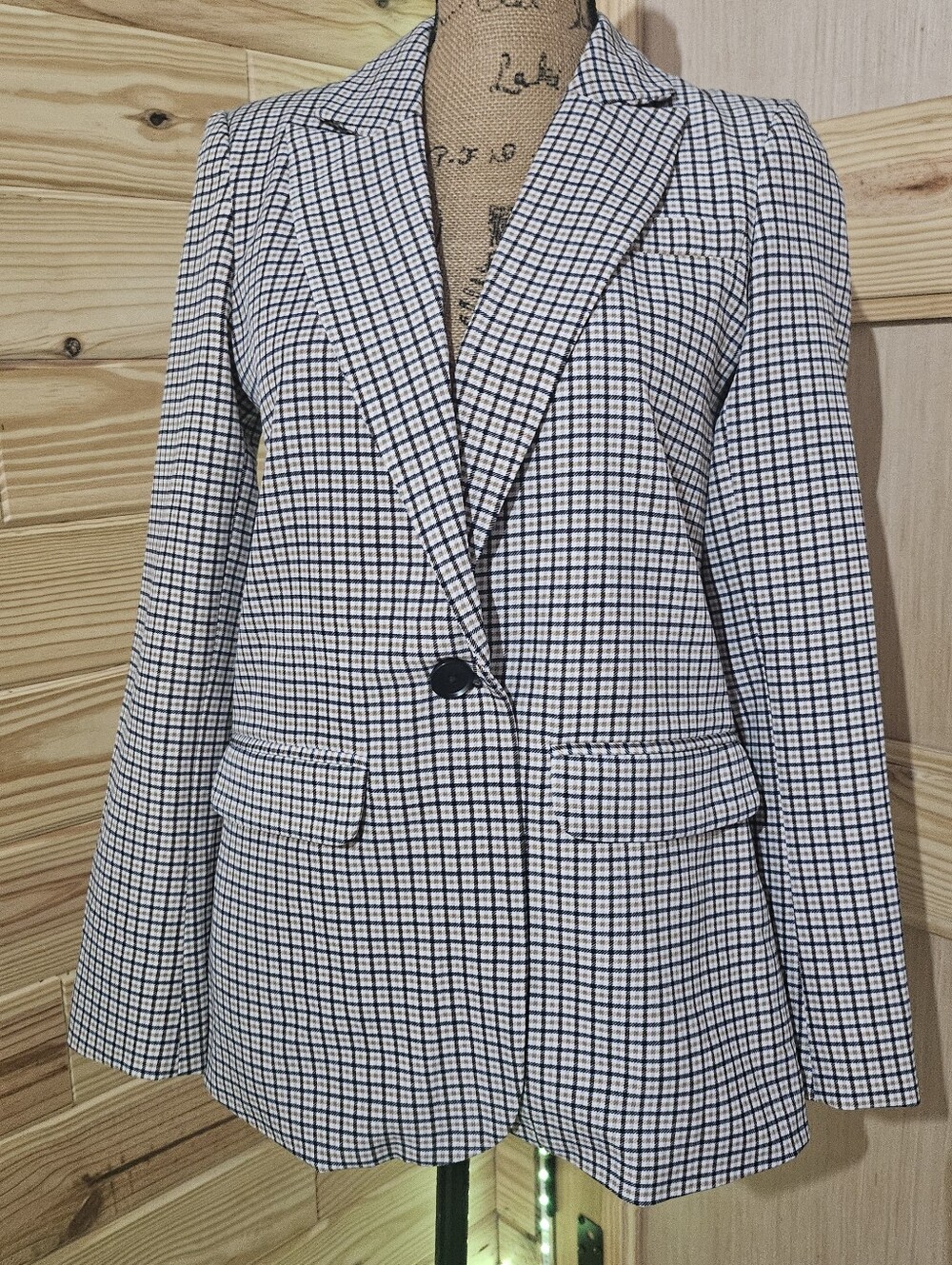 Vince Camuto Black and White Checked Single-Button Blazer